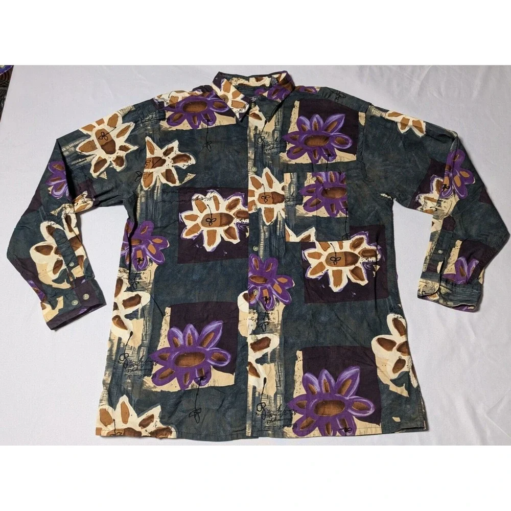 ENRICO SARCHI‎ Men Large Green Purple Floral AOP Cotton Button-Up Shirt